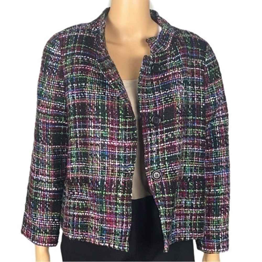 TALBOTS dark red pink black greens and blue Tweed jacket with pockets Size 4 EUC